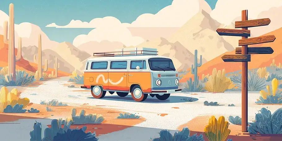 Image d'un Van orange à une intersection dans le désert devant un panneau de direction illustrant l'offre Coaching