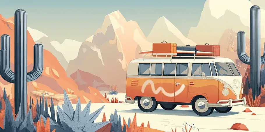 Image d'un Van orange sur une route de désert avec des montagnes et des cactus et des bagages sur le toit illustrant l'offre Road Trip Premium